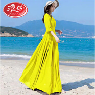 浪莎白色雪紡連衣裙長(cháng)款到腳踝2026夏新款顯瘦大擺氣質(zhì)波西米亞沙灘裙 黃色 2XL (125-135斤)