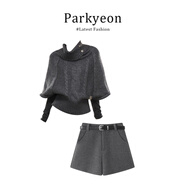 vimadtly法式設計感高領(lǐng)針織斗篷毛衣內搭針織衫2025新款灰色短褲秋季套裝 上衣 L