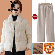花花公子（PLAYBOY）媽媽冬裝保暖國風(fēng)羽絨棉服小棉襖中老年奶奶秋冬款毛領(lǐng)寬松小棉衣 米色【9981燕麥色褲】官方旗艦版 加絨 XL 【建議90-105斤】