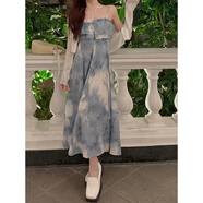 微愛(ài)的小松鼠連衣裙韓版溫柔風(fēng)設計感水墨風(fēng)暈染抹胸吊帶裙百搭開(kāi)衫 藍色暈染吊帶裙 均碼