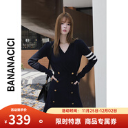 banana cici2024年冬季新款學(xué)院風(fēng)A字雙排扣收腰V領(lǐng)長(cháng)袖連衣裙C234LY322 寶藍 S