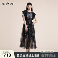 謎底仙女裙2022夏季飛飛袖質(zhì)感收腰顯瘦蕾絲連衣裙222GL0504 黑色花 L