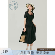 紫涵方領(lǐng)泡泡袖連衣裙女夏新款小眾蕾絲中長(cháng)裙高腰打攬七夕送女生 黑色 XS