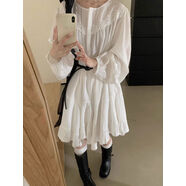 韓國chic秋季新款法式度假風(fēng)拼接蕾絲提花收腰顯瘦不規則連衣裙女 白色 均碼 均碼