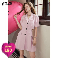 妖精的口袋高腰露背黑色休閑西裝連衣裙女2024夏新款顯瘦氣質(zhì)裙子 奶油粉紫色 L