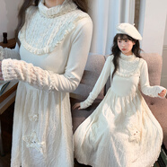 森女部落森女部落甜美蕾絲拼接長(cháng)袖連衣裙女高領(lǐng)溫柔氣質(zhì)百搭修身A字裙冬 米白色連衣裙 M