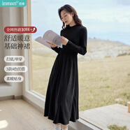 茵曼法式燈芯絨連衣裙秋冬女裝高領(lǐng)長袖A擺針織中長裙子 午夜黑 XL 