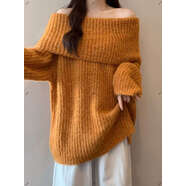 南瓜色一字肩針織衫毛衣女2025早秋新款大碼胖mm中長(cháng)款馬海毛上衣 杏色毛衣慵懶風(fēng)/寬松/蝴蝶結/氣質(zhì)//韓版//黑色/紅色/ M 100斤以?xún)惹锛?秋裝/早秋/秋冬/春秋/初秋/冬季/2025