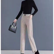 【爆款熱賣(mài)】秋冬毛呢褲高腰松緊腰九分褲女顯瘦加厚休閑直筒褲 燕麥色-加絨加厚 M （推薦85-105斤）