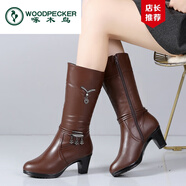 啄木鳥(niǎo)媽媽鞋中年人百搭中筒人造短毛絨靴冬帶絨女靴半桶靴保暖高腰馬靴 棕色 (棉內里) 39