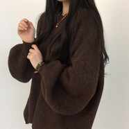 繡蜂ins慵懶風(fēng)寬松圓領(lǐng)中長(cháng)款針織毛衣純色套頭厚款毛衣下擺開(kāi)叉 深棕色 L