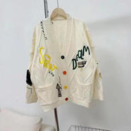 秋冬新款韓版針織寬松重工彩色刺繡時(shí)尚V領(lǐng)中長(cháng)款毛衣女外套 乳白色 S
