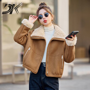 DK品牌女裝氣質(zhì)Pu皮革夾克女秋冬季新款加絨加厚上衣小個(gè)子外套 卡其色 M