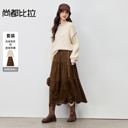 尚都比拉【免搭配套裝】時(shí)尚波西米亞織帶圓領(lǐng)寬松毛衣&高腰A字皮絨半身裙 棕配杏 M 100-110斤建議選擇