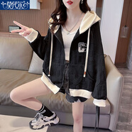 莫代爾連帽衛衣外套女2025春秋冬季新款韓版百搭寬松短款小個(gè)子上衣女裝 黑色（不） 加絨 L