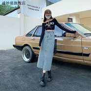 盛妙慈半身裙女復古牛仔a字裙2023新款開(kāi)叉牛仔裙半身長(cháng)裙女秋冬半裙高 淺藍_222 L