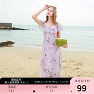 三彩2025夏季新款木耳邊荷葉袖蝴蝶印花雪紡連衣裙大擺長(cháng)裙M 淡紫色花卉 M 160/84A