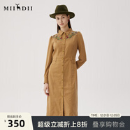謎底刺繡連衣裙長(cháng)袖女2024秋款復古文藝修身襯衫式長(cháng)裙248ML8301 棕卡其 L