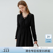 范思藍恩23FS13207法式復古燈籠袖綁帶收腰連衣裙春秋新款氣質(zhì)女裙 黑色 XS