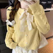 花花公子（PLAYBOY）黃色蕾絲帶軟蠟圓領(lǐng)毛衣針織開(kāi)衫溫柔韓國長(cháng)袖上衣女子秋冬紅 黃色官方旗艦版 S