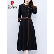 皮爾卡丹（pierre cardin）秋冬氣質(zhì)長(cháng)袖加絨保暖連衣裙女2023新款高檔媽收腰顯瘦打底裙子 黑色(常規) L