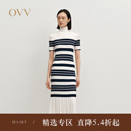 OVV秋冬熱賣(mài)女裝經(jīng)典橫條紋高領(lǐng)長(cháng)袖羊毛針織連衣裙 藏青條紋 XS