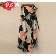 浪莎一片式印花系帶裹身裙度假風(fēng)高腰開(kāi)叉雪紡包臀裙半身不規則沙灘裙 海棠印花 均碼