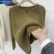 莫代爾法式復古坑條針織衫女2025春秋冬新款高級感氣質(zhì)內搭打底寬松上衣 棕綠色 M