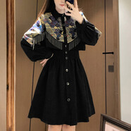 女生裙子冬季胖mm時(shí)尚拼接設計流蘇襯衫連衣裙秋冬大碼遮肚顯瘦收 黑色 M 【80-100斤】