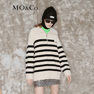 MO&Co.【美麗諾羊毛】 原創(chuàng  )LOGO條紋毛衣翻領(lǐng)上衣女拉鏈毛衣針織衫 白黑條色-第1批 M 165