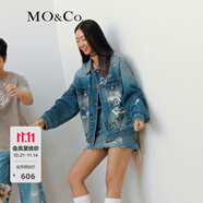 MO&Co.夾克外套夏航海個性趣味涂鴉倒繭廓形翻領牛仔下擺調(diào)節(jié)摩安珂 牛仔藍色 L 170