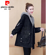 皮爾卡丹加絨加厚連帽牛仔衣女中長(cháng)款韓版寬松大d碼仿羊羔毛保暖棉服外套 8077#藍色/袖子夾棉  加絨 M 建議90-110斤