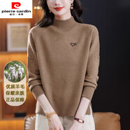 皮爾卡丹半高領(lǐng)純色毛衣女下擺開(kāi)叉針織衫上衣寬松遮肚子羊毛打底衫 卡其色 3XL 140斤---149斤
