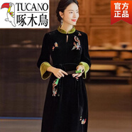 啄木鳥(niǎo)（TUCANO）新品時(shí)尚優(yōu)雅金絲絨連衣裙子女秋冬裝2025年新款刺繡復古中式繡花 黑色旗艦款 M 165