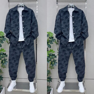 春秋新款潮牌休閑套裝男士時(shí)尚印花寬松翻領(lǐng)牛仔外套束腳褲兩件套 黑色[套裝] XL(140-160斤) 均碼