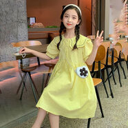 韓國女童連衣裙兒童夏季裙子韓版中大童網(wǎng)紅純色女孩泡泡袖公主裙 黃色 cm 110