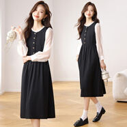 連衣裙2025新款秋冬季小香風(fēng)法式假兩件拼接收腰顯瘦秋裝女款長(cháng)裙 黑色 M