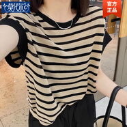 莫代爾200斤可穿圓領(lǐng)T恤女寬松大碼洋氣時(shí)尚夏季新款條紋拼色針織衫上衣 圖片色 S 建議90斤以下