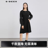 S.DEER圣迪奧女裝時(shí)尚百搭通勤個(gè)性圓領(lǐng)網(wǎng)紗針織長(cháng)袖連衣裙S224Z1209 黑色/91 S/160