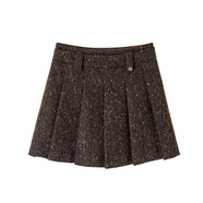 UKUHPK小香風(fēng)毛呢套裝女秋冬蝴蝶結蕾絲拼接刺繡羊毛外套百褶裙 深咖色(半身裙) S