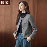 晨芙小香風(fēng)粗花呢短外套女休閑時(shí)尚復古氣質(zhì)修身小個(gè)子羊毛呢西裝上衣 單件灰色外套 L 建議100-110斤