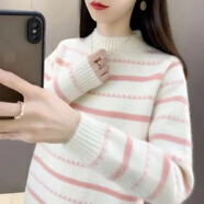 香影芬秋冬套頭毛衣女加厚條紋打底衫寬松大碼水貂絨針織衫保暖上衣女 白色 3XL (建議135-150斤)