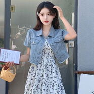 歐洲站短袖牛仔外套中長(cháng)款雪紡碎花吊帶連衣裙套裝女夏潮 單件牛仔衣 M M80-100斤