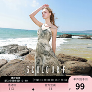 三彩獨醒2025夏季新款暈染吊帶連衣裙收腰V領(lǐng)大擺長(cháng)裙度假F 寂靜灰暈染 S 155/80A