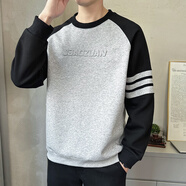 駱駝（CAMEL）設計感假兩件男士衛衣無(wú)帽長(cháng)袖t恤春秋季潮牌休閑百搭男款上衣服 27018淺花灰 M_約95-115斤可穿