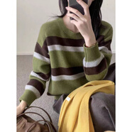鹿王（KING DEER）圓領(lǐng)拼色純山羊絨衫女寬松高端秋冬新款條紋慵懶毛衣打底百搭 柔云柳綠 S 80-105斤
