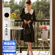 Olrain歐芮兒V領(lǐng)雪紡連衣裙女秋秋收腰顯瘦氣質(zhì)復古蕾絲拼接長(cháng)裙子 黑色 S 155/80A