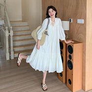 京嚴法式溫柔風(fēng)桔梗v領(lǐng)連衣裙女夏季新款韓版寬松顯瘦連身長(cháng)裙子 白色裙 XS XS85-100斤