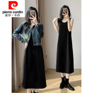 皮爾卡丹（pierre cardin）早秋季一整套穿搭高級感無袖連衣裙子女牛仔短款外套搭配背心長裙 黑色背心裙(小個子版) 裙長102 M 建議106-115斤