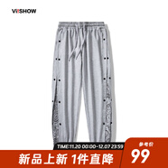 viishow新款休閑潮牌長(cháng)褲腰果花拼接潮流側邊排扣印花嘻哈校園休閑束腳褲 灰色 L